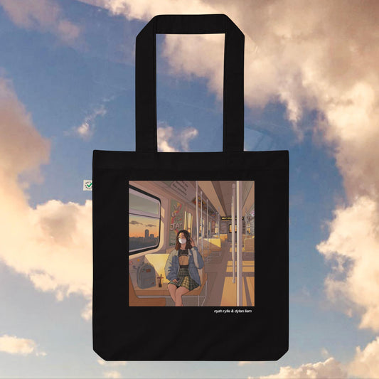 'filling in the spaces' black tote bag
