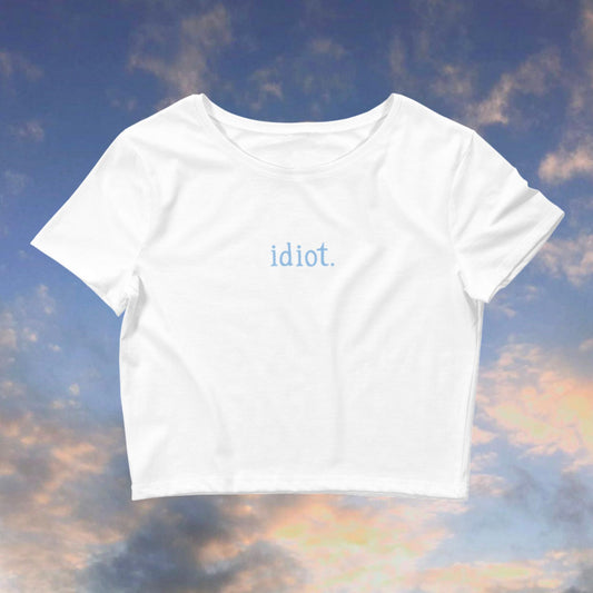 'idiot' blue and white crop top